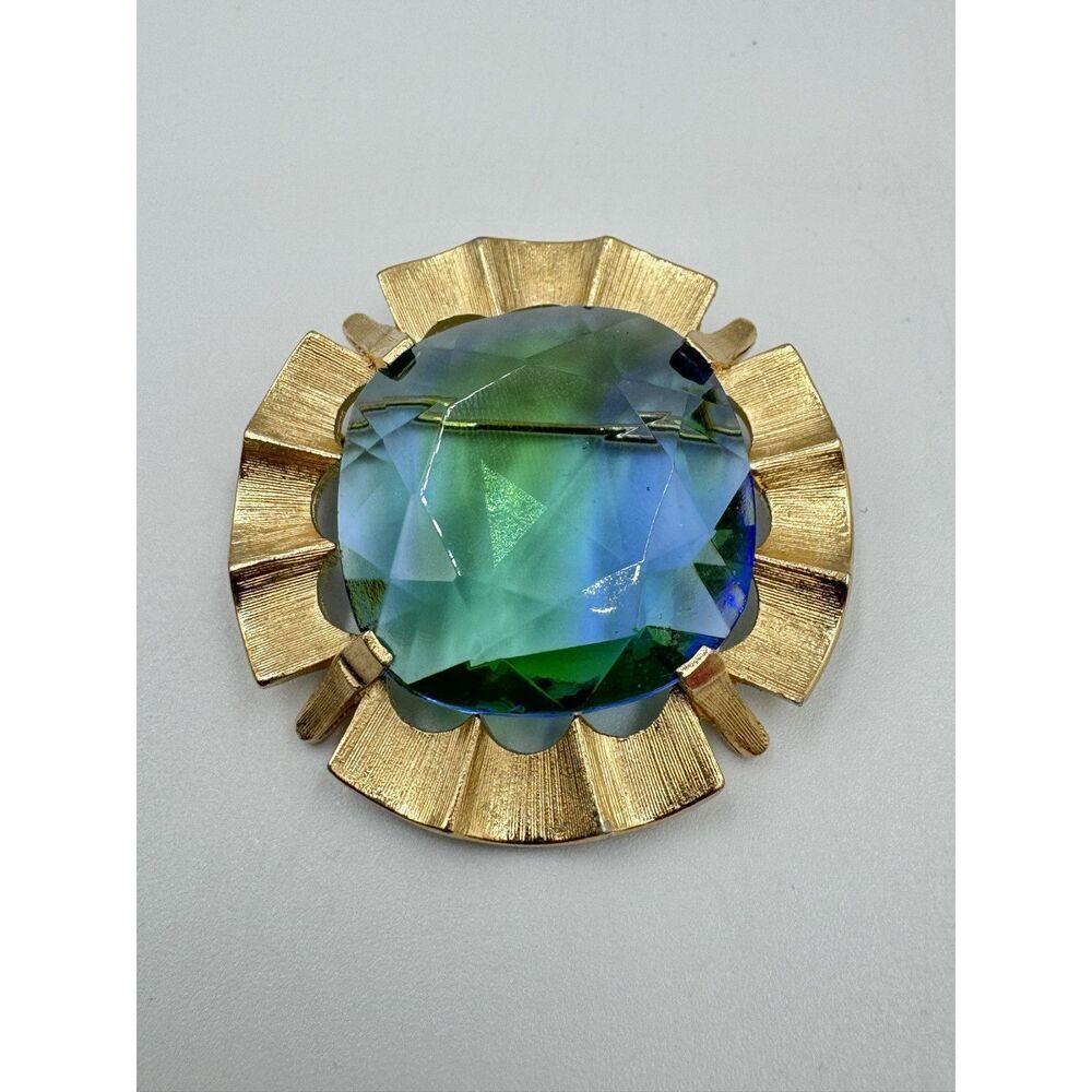 Vintage‎ Large Gold ToBlue Green Faceted Glass Rhineston Brooch Signed STAR